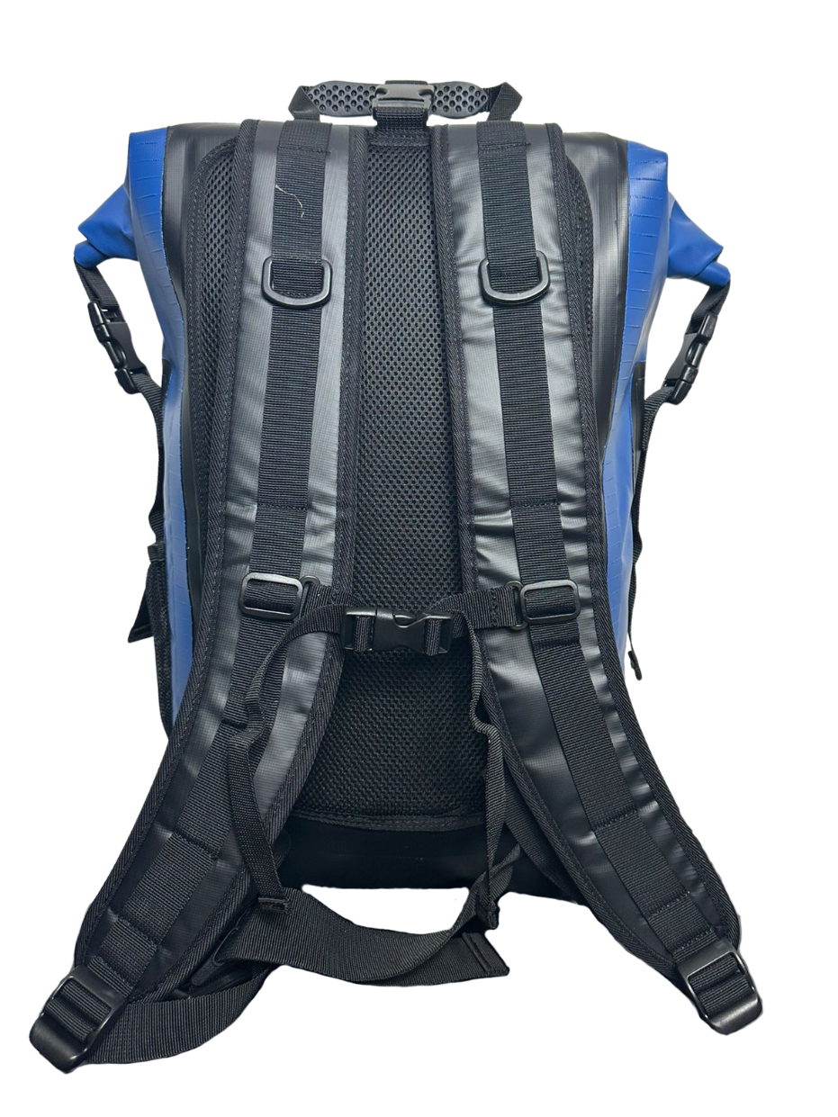Blue 35L waterproof roll top dry bag backpack for swimming and beach and everyday use 