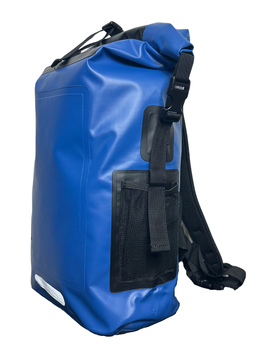 Blue 35L waterproof roll top dry bag backpack for swimming and beach and everyday use 