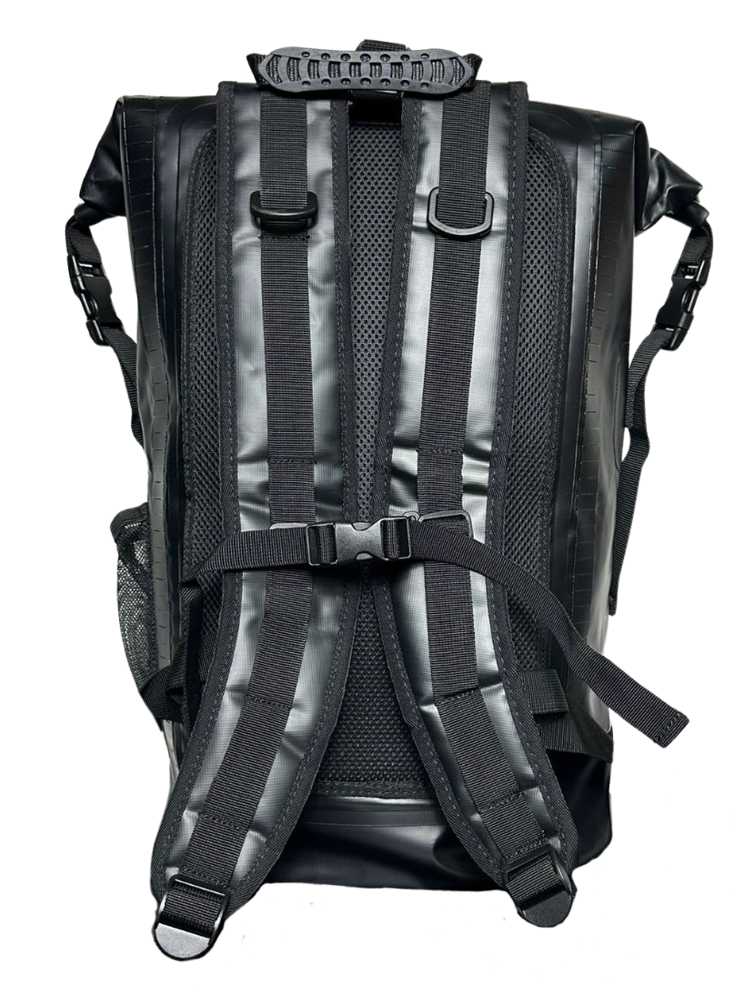 Black 35L waterproof roll top dry bag backpack for swimming and beach and everyday use 