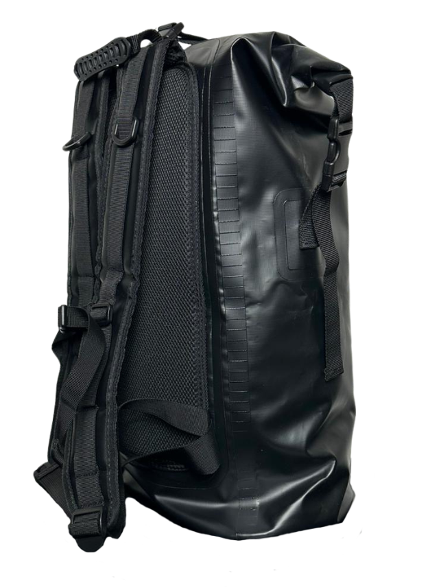 Black 35L waterproof roll top dry bag backpack for swimming and beach and everyday use 