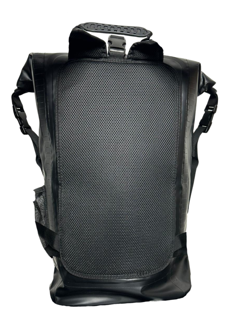 Black 35L waterproof roll top dry bag backpack for swimming and beach and everyday use 