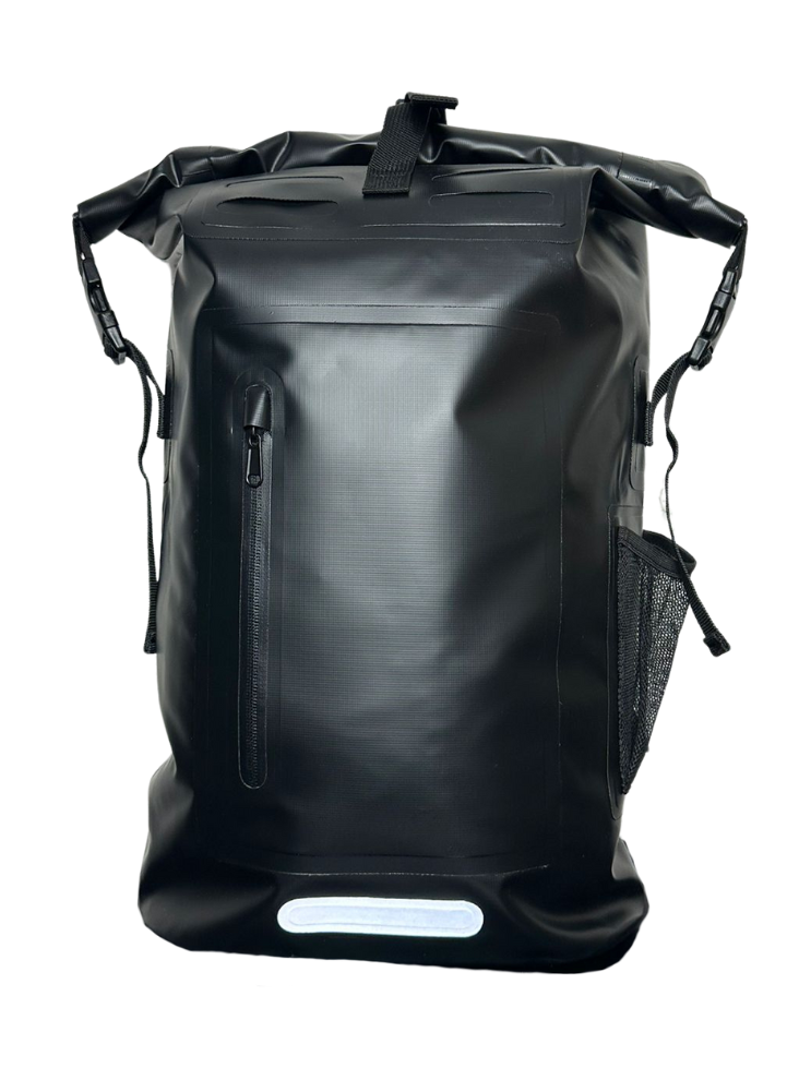 Black 35L waterproof roll top dry bag backpack for swimming and beach and everyday use 